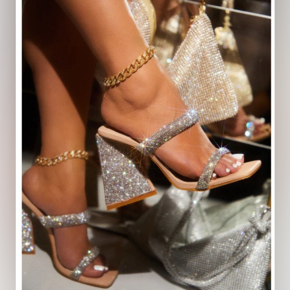 Glitter Silver Rhinestone Thick Heel Sandals Runway Style Square Toe size:40